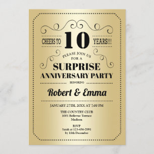 Invitation Fête surprise du 10e anniversaire - Noir Or