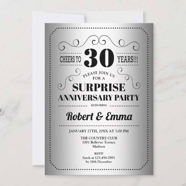Invitation Fête surprise du 30e anniversaire - Argent Noir (Devant)