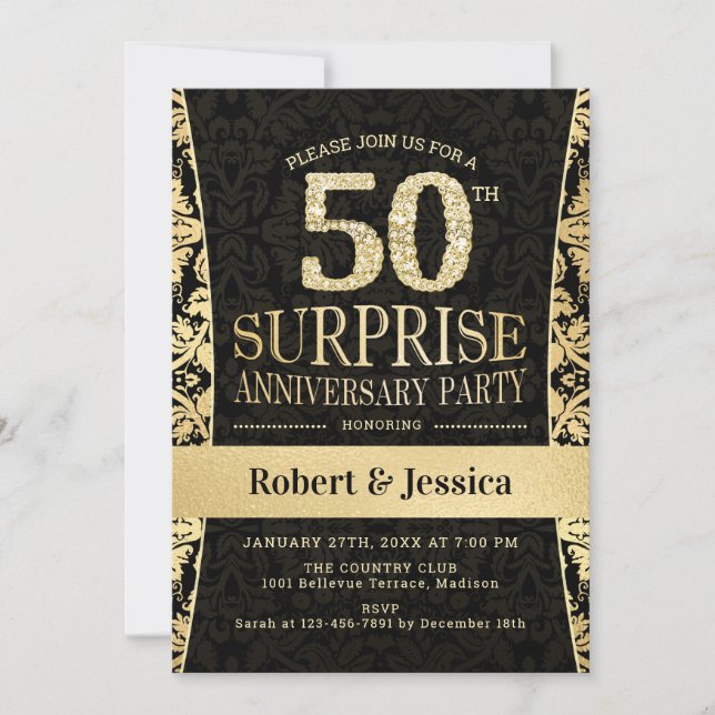 Invitation Fête surprise du 50e anniversaire - Noir Or (Devant)