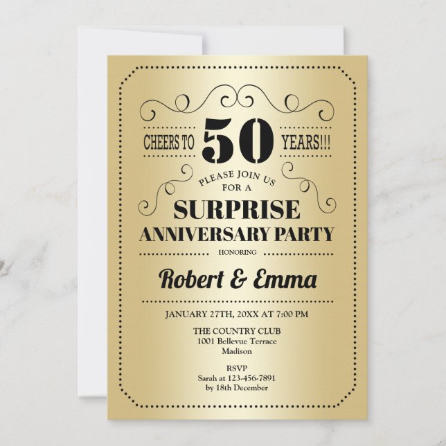 Invitation Fête surprise du 50e anniversaire - Noir Or (Devant)