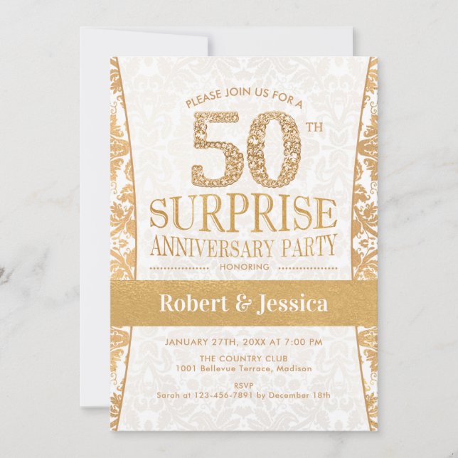 Invitation Fête surprise du 50e anniversaire - Or Blanc (Devant)