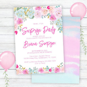 Invitation Fête surprise florale rose bleu pêche violet
