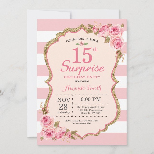Invitation Fête surprise pour 15 ans avec des pivoines roses  (Devant)