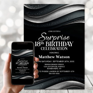Invitation Fête surprise pour 18 ans noir et argent