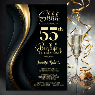 Invitation Fête surprise pour 55 ans en noir et or