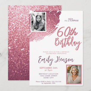 Invitation Fête surprise pour 60 ans avec paillettes roses et