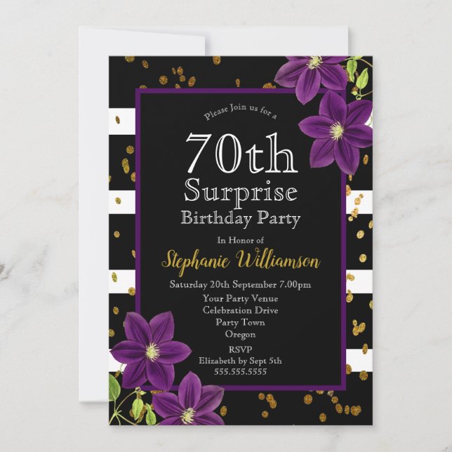 Invitation Fête surprise pour 70 ans Anniversaire Noir et Or (Devant)
