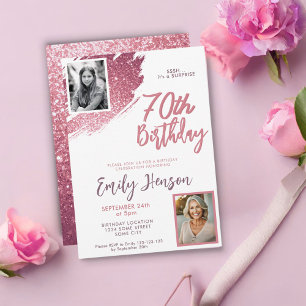 Invitation Fête surprise pour 70 ans avec paillettes roses et