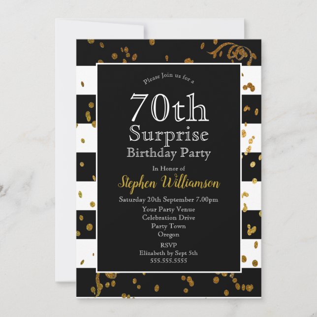Invitation Fête surprise pour 70 ans  Noir et Or (Devant)