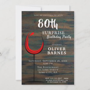 Invitation Fête surprise pour 80 ans au vin rouge et bois rus