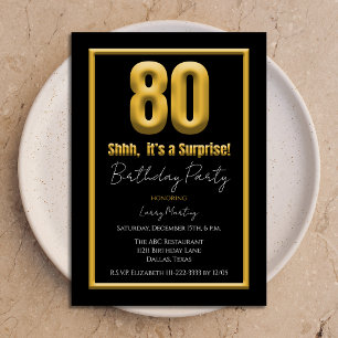 Invitation Fête surprise pour 80e anniversaire 80 Or et Noir