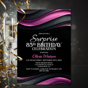 Invitation Fête surprise pour 85e anniversaire en noir et ros