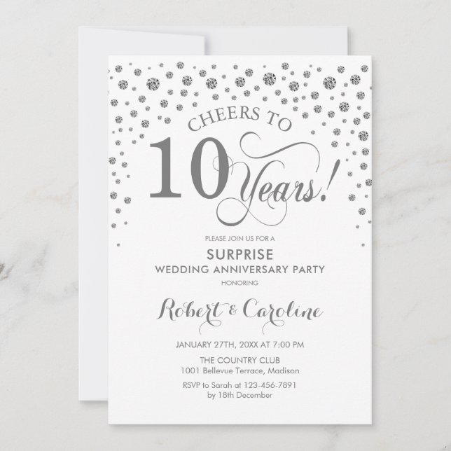 Invitation Fête surprise pour le 10e anniversaire - Blanc arg (Devant)