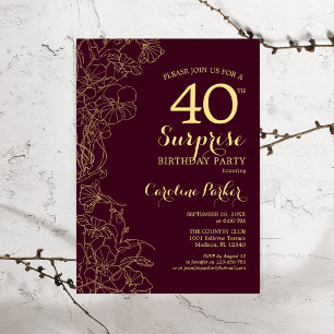 Invitation Fête surprise pour les 40 ans Burgundy Gold