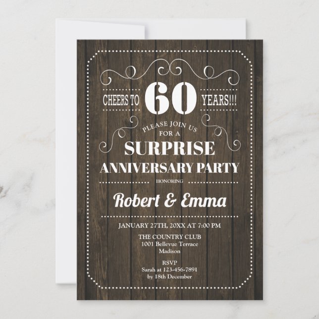 Invitation Fête surprise pour les 60 ans - Bois rustique (Devant)