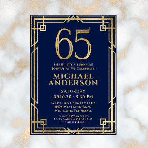 Invitation Fête surprise pour les 65 ans photo Bleu marine Or