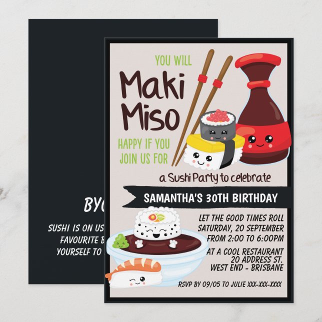 Invitation Fête Sushi Kawaii (Devant / Derrière)