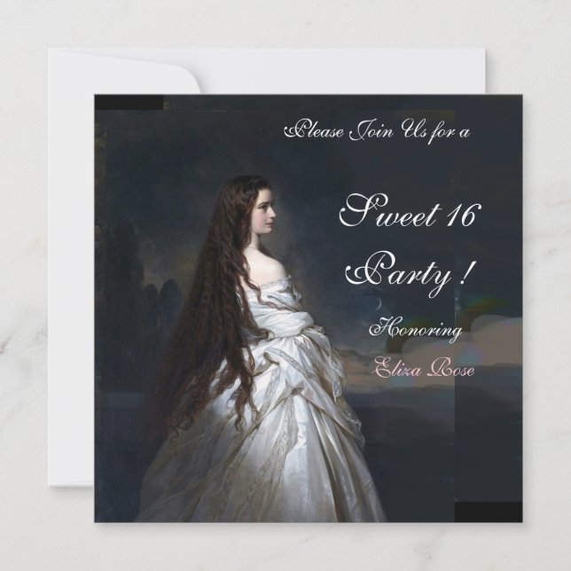 INVITATION FÊTE SWEET16, ROUGE, DAMASSÉ NOIR ET BLANC (Devant)