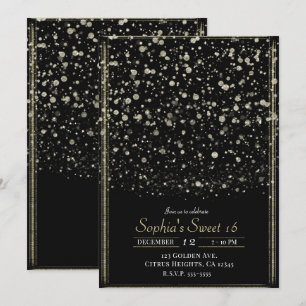 Invitation Fête Sweet 16 avec confettis éclaboussés or et noi