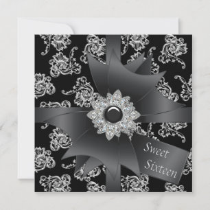 Invitation Fête Sweet 16 Black Damask Noir et Blanc