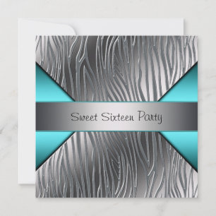 Invitation Fête Sweet 16 Bleu Turquoise Argent Zèbre