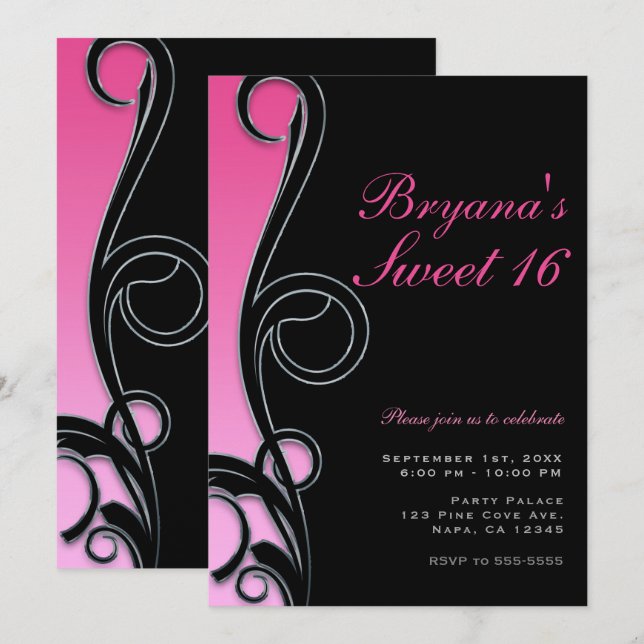 Invitation Fête Sweet 16 Chic Glam Tourbillon Rose et Noir (Devant / Derrière)
