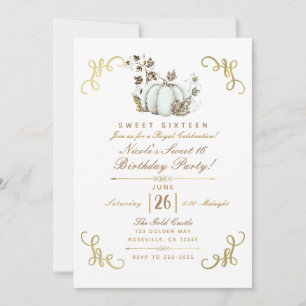 Invitation Fête Sweet 16 Citrouille Pailletée Blanc et Or