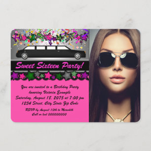 Invitation Fête Sweet 16 Noir Limo Rose Chaud Photo