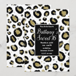 Invitation Fête Sweet 16 Paillettes Or Blanc & Léopard Noir