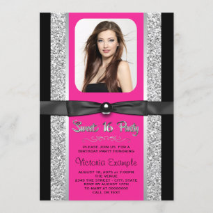 Invitation Fête Sweet 16 Rose Chaud Paillettes Argentées