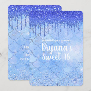 Invitation Fête Sweet 16 Sirène avec Gouttes de Paillettes Bl
