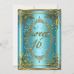 Invitation Fête SWEET 16 Sweet Sixteen Or Argent Sarcelle