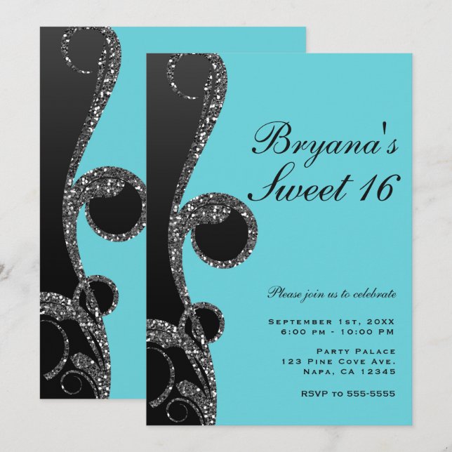 Invitation Fête Sweet 16 Tourbillon de paillettes argentées e (Devant / Derrière)