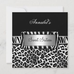 Invitation Fête Sweet 16 Zèbre Noir Blanc Léopard