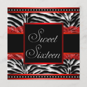 Invitation Fête Sweet 16 Zèbre Noir Blanc Rouge
