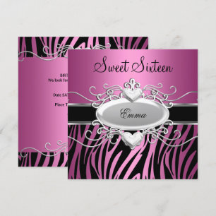 Invitation Fête Sweet Sixteen 16 Argent Rose Noir Zèbre