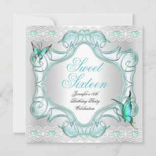 Invitation Fête Sweet Sixteen 16 papillon blanc sarcelle