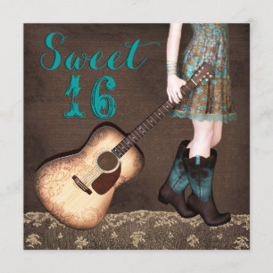 Invitation Fête Sweet Sixteen Cowgirl Style Marron et Bleu sa