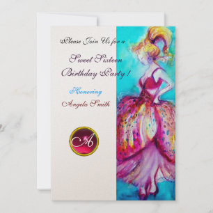 Invitation FÊTE SWEET SIXTEEN, monogramme rouge rose rubis or