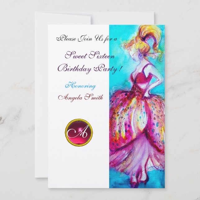 Invitation FÊTE SWEET SIXTEEN, monogramme rubis rose or (Devant)