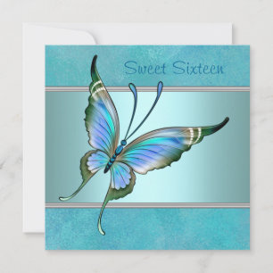 Invitation Fête Sweet Sixteen Papillon Bleu Turquoise