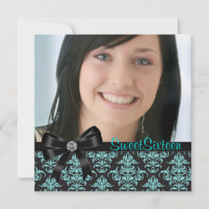 Invitation Fête Sweet Sixteen Photo Damassé Bleu sarcelle Noi