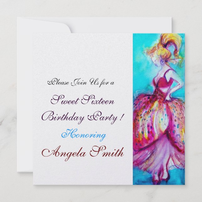 Invitation FÊTE SWEET SIXTEEN rouge rose bleu turquoise glace (Devant)