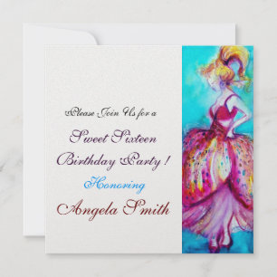 Invitation FÊTE SWEET SIXTEEN rouge rose bleu turquoise glace