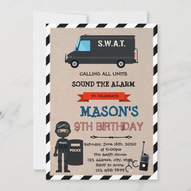 Invitation fête thématique d'anniversaire police SWAT (Devant)