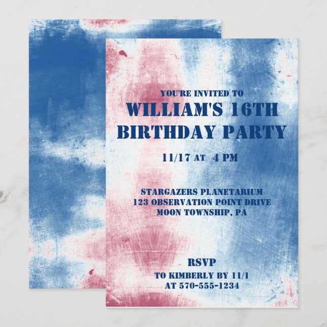 Invitation Fête Tie Dye Patriotique Rouge, Blanc et Bleu (Devant / Derrière)