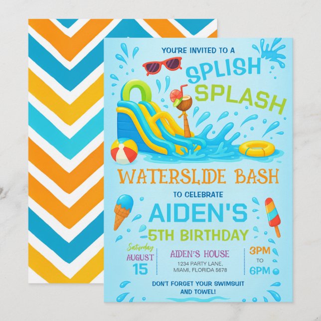 Invitation Fête Toboggan Aquatique, Anniversaire T (Devant / Derrière)