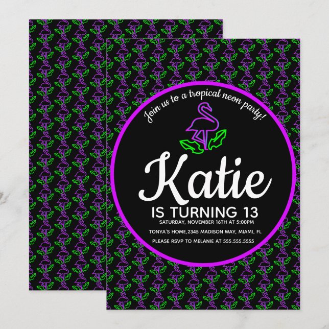 Invitation Fête Tropicale de Glow Flamant Rose Néon Violet (Devant / Derrière)
