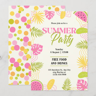 Invitation Fête Tropicale d'Été Vert Et Rose