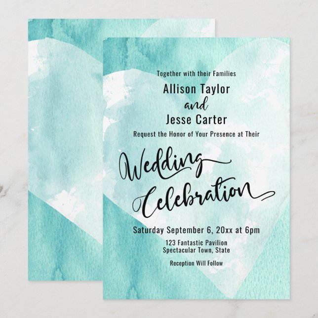 Invitation Fête Turquoise de l'Mariage de l'aquarelle blanche (Devant / Derrière)